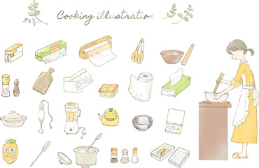 料理をする女性とキッチン用品のイラストセット