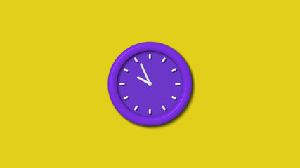 Amazing purple color 3d wall clock isolated on yellow background, 12 hours wall clock