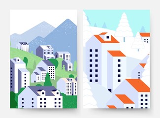 Summer winter landscape. Suburb lifestyle cards, minimal style buildings and nature in different seasons vector flyers. Summer and winter nature, season landscape snow and green tree illustration