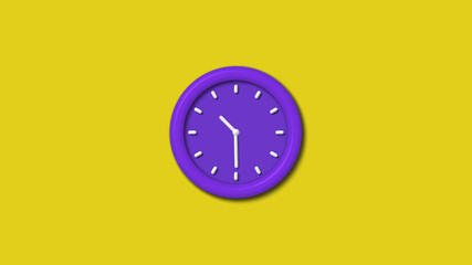 Amazing purple color 3d wall clock isolated on yellow background, 12 hours wall clock