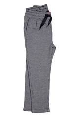 Children pants isolated. Close-up of a elegant gray white checkered trouser or sweatpants for child boy isolated on a white background. Sporty cotton fashion for kids.
