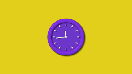 Amazing purple color 3d wall clock isolated on yellow background, 12 hours wall clock