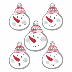 Vector set of snowman head in hats. Faces with different emotions set of funny snowmen isolated on white background.

