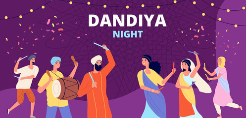 Garba dandiya night banner. Gujarat folk disco, girls boys holiday dancing. Religion music festival, young indian couple vector illustration. Celebration poster festival, garba dandiya dance