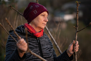 Autumn Portrait of Beautiful Aged Woman. Natural Light.