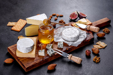 Fototapeta na wymiar Beautiful delicious camembert cheese, parmesan, brie with grapes and figs