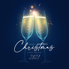 Merry Christmas and Happy New 2021 Year background with champagne glasses, lights and bokeh effect. © feaspb