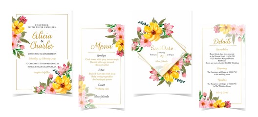 Romantic yellow and red floral wedding invitation set