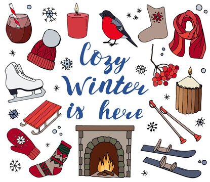 Winter pictures for a postcard. Lettering -  cozy winter is here. White background, isolate. Cartoon style.