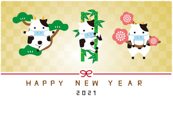 松竹梅　年賀状　明るい金屏風　年賀状2021　感染予防