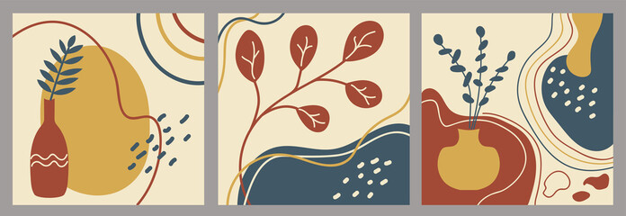 Set of creative abstract backgrounds. Hand drawn plant elements and doodles of various shapes. Modern trendy vector isolated illustrations.