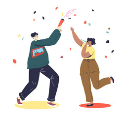Happy couple celebrating holiday event with cracker and confetti. Young man and woman cheering