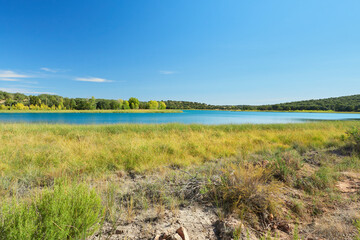 Landscape view of the Laguna Conceja Lake in the Lagunas de Ruidera Lakes Natural Park, Albacete province, Castilla la Mancha, Spain