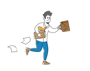 Businessman Male Character Hurry at Work Running with Briefcase and Scattered Paper Documents around. City Lifestyle