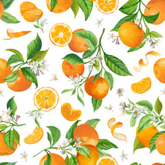 Mandarin Floral Pattern, Vector Seamless Fruit Background, Citrus Fruits, Flowers, Leaves, Limes Branches Texture
