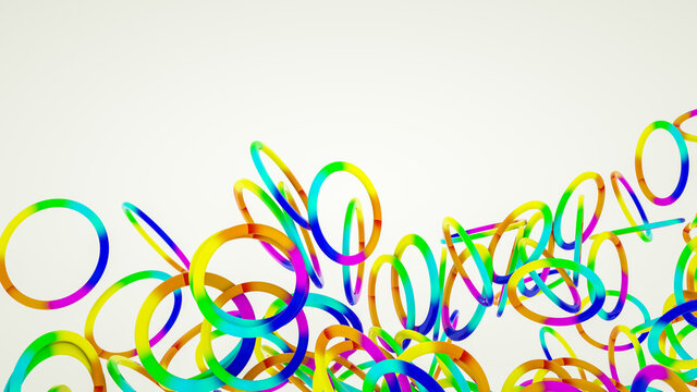 iridescent three-dimensional rings are scattered on a white background. 3d render illustration