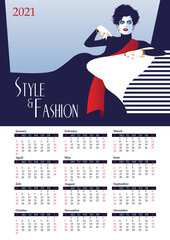 Calendar 2021 with fashion woman in style Pop art. Vector illustration