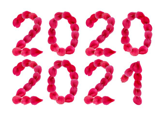 Creative natural cliparts with 2020 and 2021 years made from pink flower petals isolated on white background. Floral calendar design element of delicate rose, tulip or peony petals