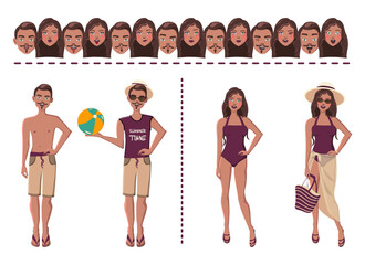 Young latin smiling couple, man and woman with brunette hair in shorts, pareo, swimsuit, hat, sunglasses. Different gestures isolated vector illustration with seven different facial expressions.