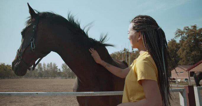 Excited young female petting horse at stud farm, love for animals equine therapy