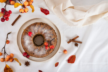 Homemade Apple Pie on light rustic background, top view, copy space. Classic autumn Thanksgiving pastry dessert - organic apple pie. Bakery concept