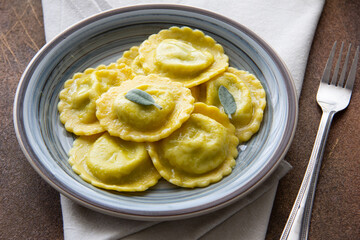 Dish of ravioli , italian food.