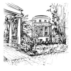 Urban landscape. The old town and the Park.Column.Classical architecture.Black and white street graphics.Drawing with a thin liner.Beautiful hatching.Picture in a frame.Illustration for your text.