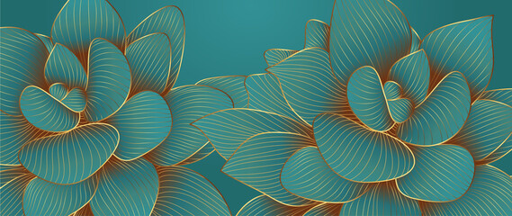 Luxuriöses grünes Smaragdhintergrunddesign mit goldenem Lotus. Lotusblumen-Liniendesign für Tapeten, natürliche Wandkunst, Banner, Drucke, Einladungs- und Verpackungsdesign. Vektor-Illustration..