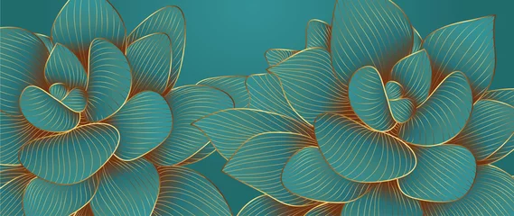 Foto op Plexiglas Voor haar Luxueus groen smaragdgroen ontwerp als achtergrond met gouden lotusbloem. Lotusbloemen lijnkunstontwerp voor behang, natuurlijke muurkunst, banner, prenten, uitnodiging en verpakkingsontwerp. vector illustratie..