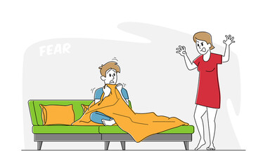 Girl Telling Scary Stories to Frightened Man Sitting on Bed Hiding under Blanket. Man Feeling Fear of Spooky Fairytale