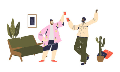Two men cheering with plastic glasses during home party. Friends meeting at home on quarantine