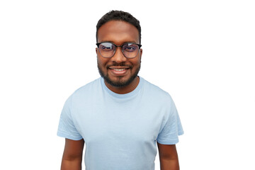 people, grooming and beauty concept - portrait of happy smiling young african american man in glasses over white background