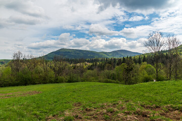Czantoria Mala and Velka Cantoryje hills from meadow bellow Vruzna hill in Slezske Beskydy mountains on czech - polish borders