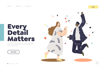 Holiday event celebration landing page design with cheerful man and woman celebrating