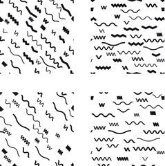 Hipster fashion .Trendy seamless pattern in Memphis style and with different shapes i. Jumble design . Repeating zigzag smooth lines vector background . Cool geometric texture .