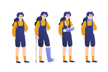 Set of flat illustrations of a healthy girl and woman with broken bones. Plaster cast on the leg, a female with a crutch, a sad expression on her face. Broken arm and neck. Health care concept.