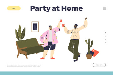 Party at home concept of template landing page with two young men cheering and communicating