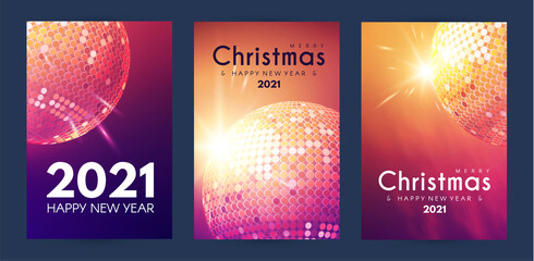 Merry Christmas and Happy New Yaer flyer template set with shining disco ball bokeh and light effect