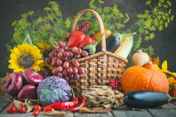 The table, decorated with vegetables and fruits. Harvest Festival,Happy Thanksgiving. Autumn background. Selective focus.