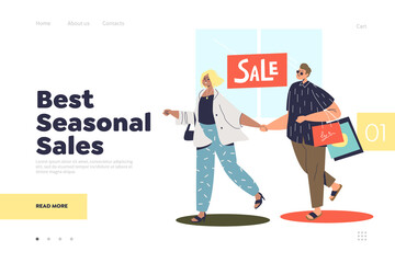 Landing page for best seasonal sales concept with two shoppers holding shopping bags