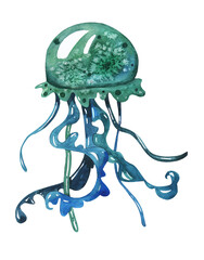 Beautiful cute watercolor green blue hand drawn jellyfish isolated. Underwater world creatures. Aquarelle texture illustration. Element design © Alina Nikitaeva