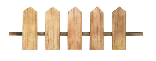 Watercolor timber wooden hand painted fence with arrow tops. Isolated design elements for books, games and decoration. 
