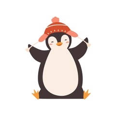 Funny baby penguin enjoying winter season vector flat illustration. Happy polar bird wearing chullo hat with pompom isolated on white. Adorable childish animal character in warm headwear