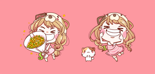 Happy young girl holding flower and smile isolated on background with character design.