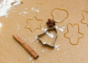 rolled dough for ginger cookies with cutters,cookie cut,cinnamon and cloves.cooking concept.