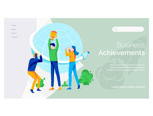 Business achievements landing page template. Successful business people celebrate victory. Business success, achieved goal, teamwork, corporate relations flat vector illustration