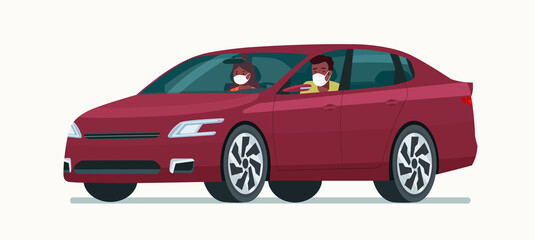 Sedan car with a young afro man and woman in a medical mask isolated. Vector flat style illustration