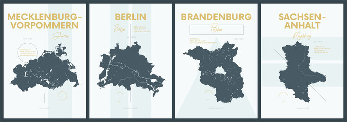 Vector posters with highly detailed silhouettes maps states of Germany - Mecklenburg-Vorpommern, Berlin, Brandenburg, Sachsen-Anhalt - set 2 of 4 - obrazy, fototapety, plakaty