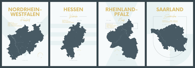 Vector posters with highly detailed silhouettes maps states of Germany - Nordrhein-Westfalen, Hessen, Rheinland-Pfalz, Saarland - set 3 of 4 - obrazy, fototapety, plakaty