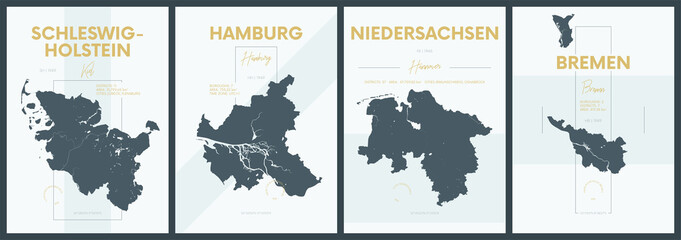Vector posters with highly detailed silhouettes maps states of Germany - Schleswig-Holstein, Hamburg, Niedersachsen, Bremen - set 1 of 4 - obrazy, fototapety, plakaty
